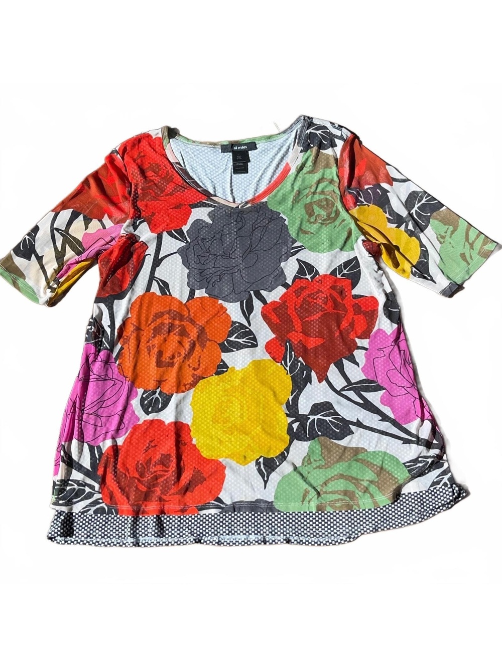 Ali Miles tunic top L floral mesh short sleeve popover shirt